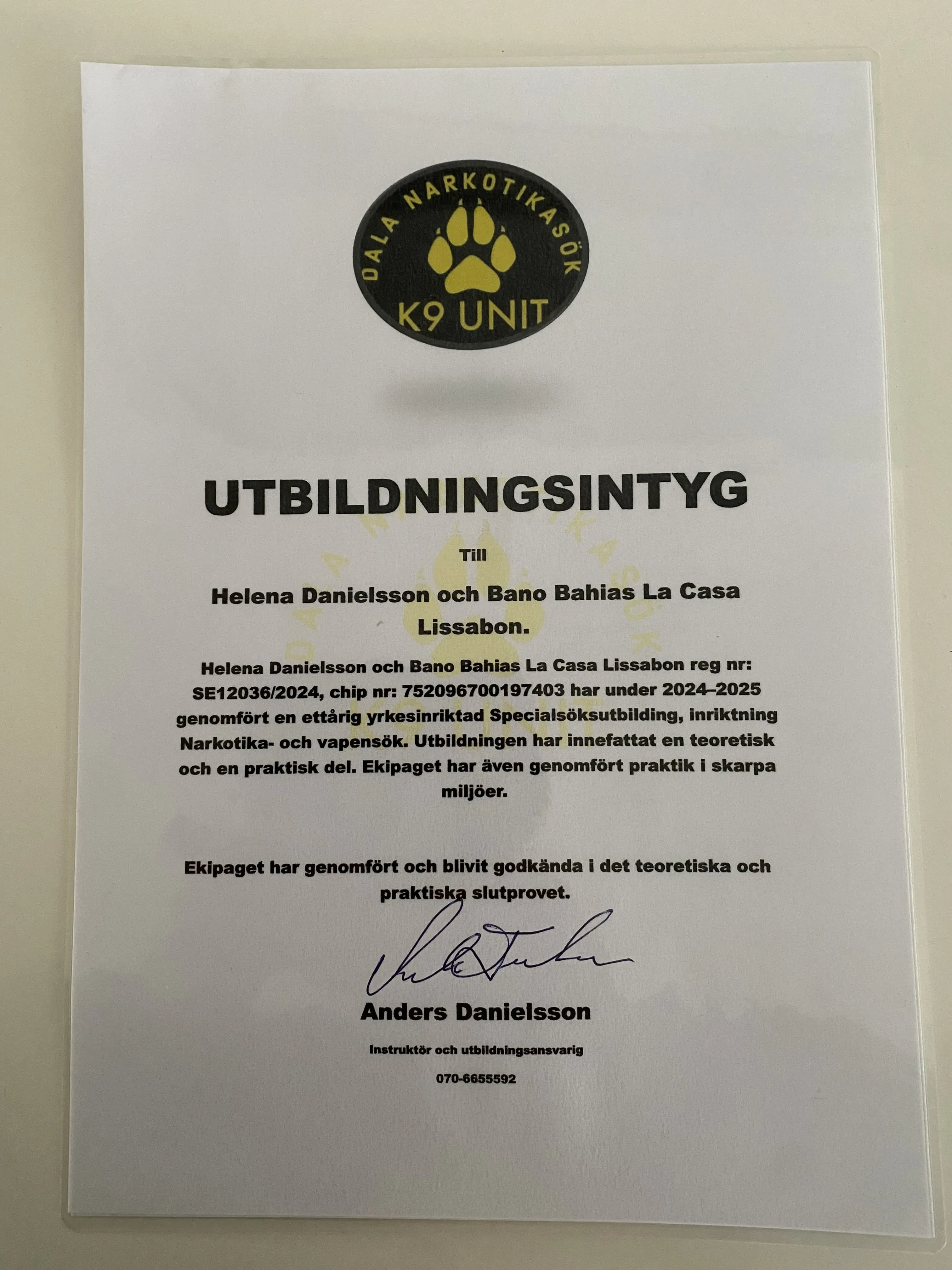 Utbildningsintyg från Dala Narkotikasök K9 Unit